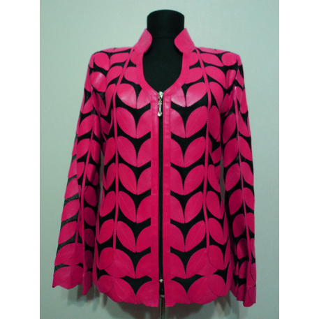 V Neck Pink Leather Leaf Woman Jacket [Design 09]