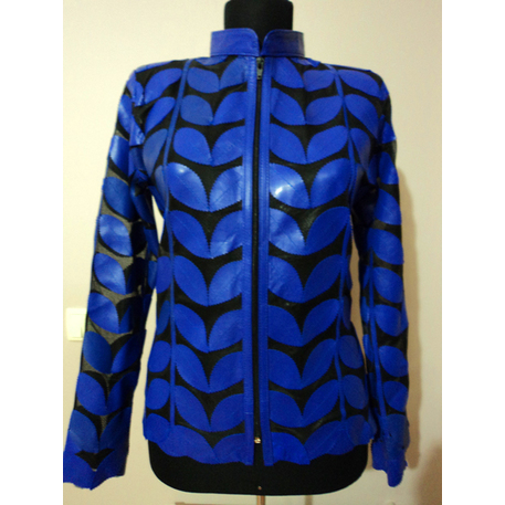 Plus Size Blue Leather Women Leaf Jacket [Design 01]