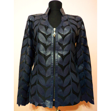 V Neck Navy Blue Leather Womens Leaf Jacket [Design 08]