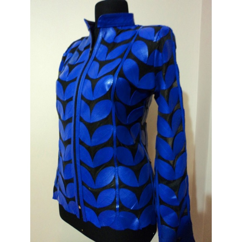 Plus Size Blue Leather Women Leaf Jacket [Design 01]