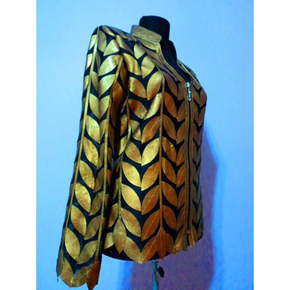 V Neck Gold Leather Womens Leaf Jacket [Design 08]