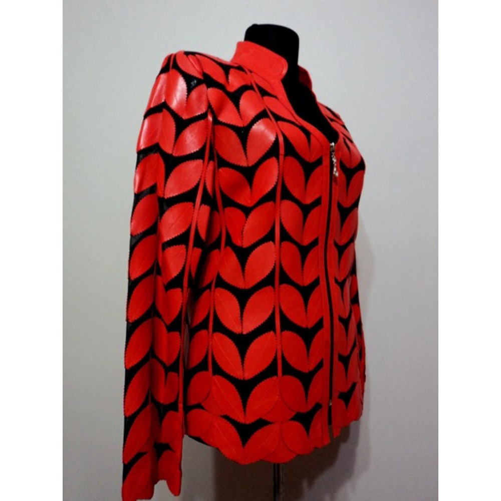 V Neck Red Leather Leaf Woman Jacket [Design 09]