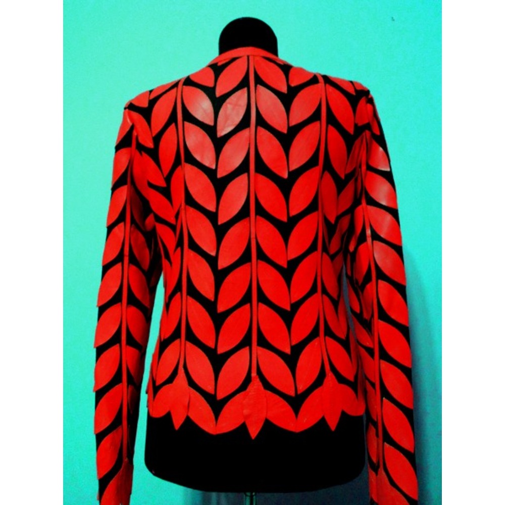 Round Neck Red Leather Leaf Womens Jacket [Design 11]