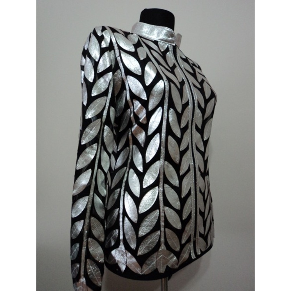 Plus Size Silver Gray Leather Leaf Woman Jacket [Design 04]