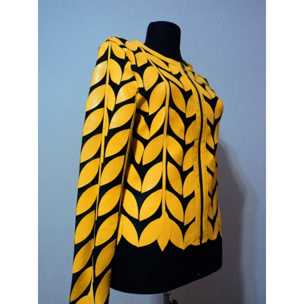 Round Neck Yellow Leather Leaf Womens Jacket [Design 11]
