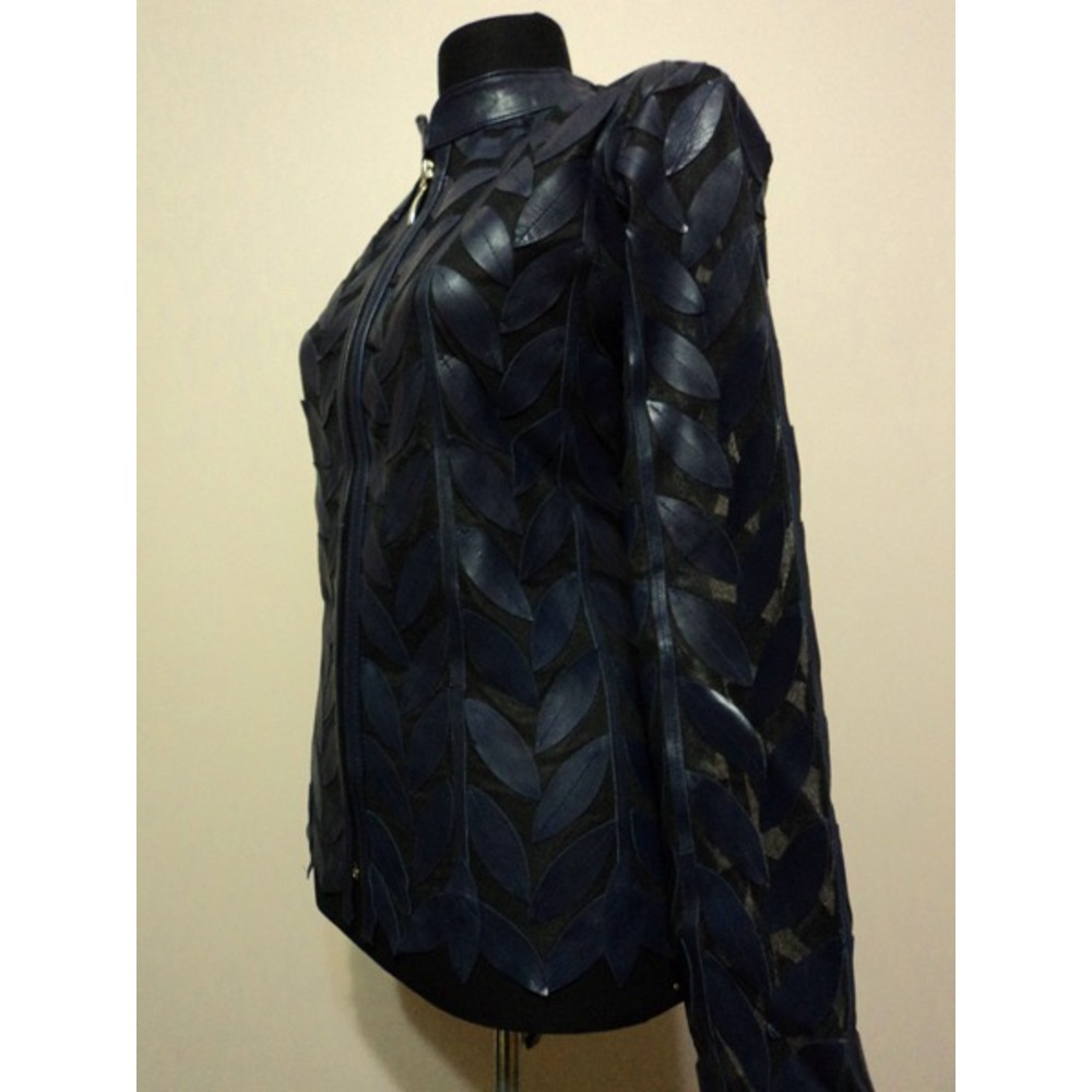 Plus Size Navy Blue Womens Leather Leaf Jacket [Design 04]