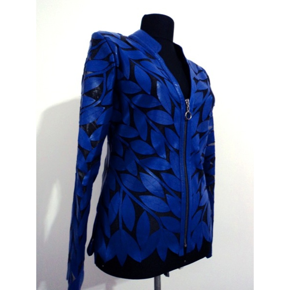V Neck Blue Leather Leaf Womens Jacket [Design 12]