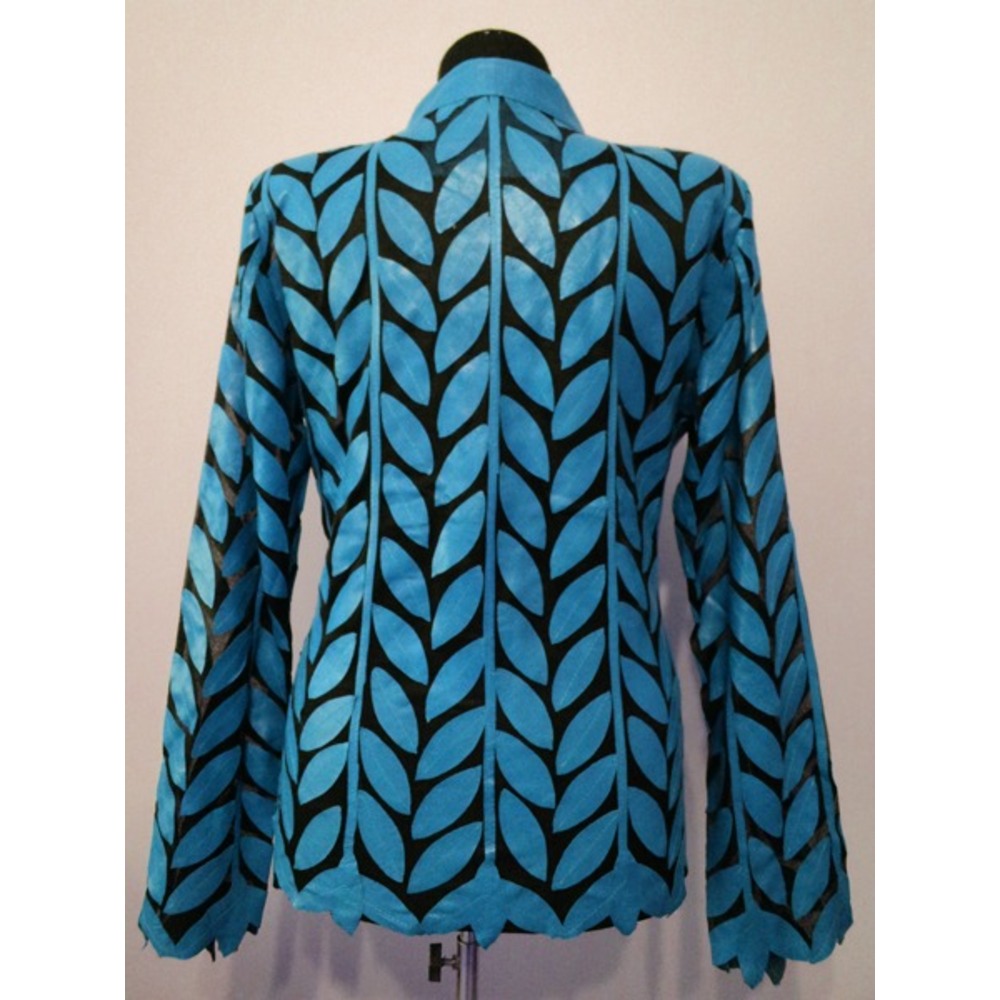 Plus Size Ice Baby Blue Leather Leaf Women Jacket [Design 04]