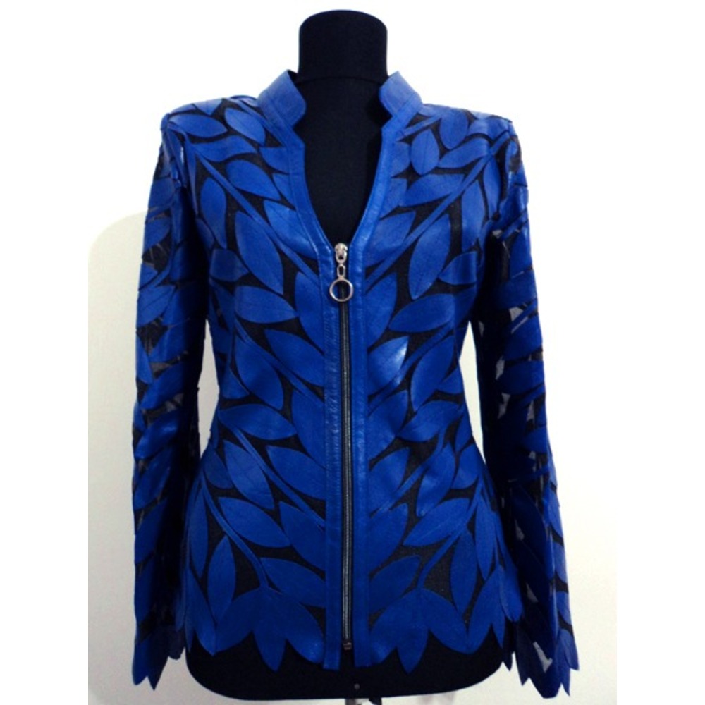 V Neck Blue Leather Leaf Womens Jacket [Design 12]