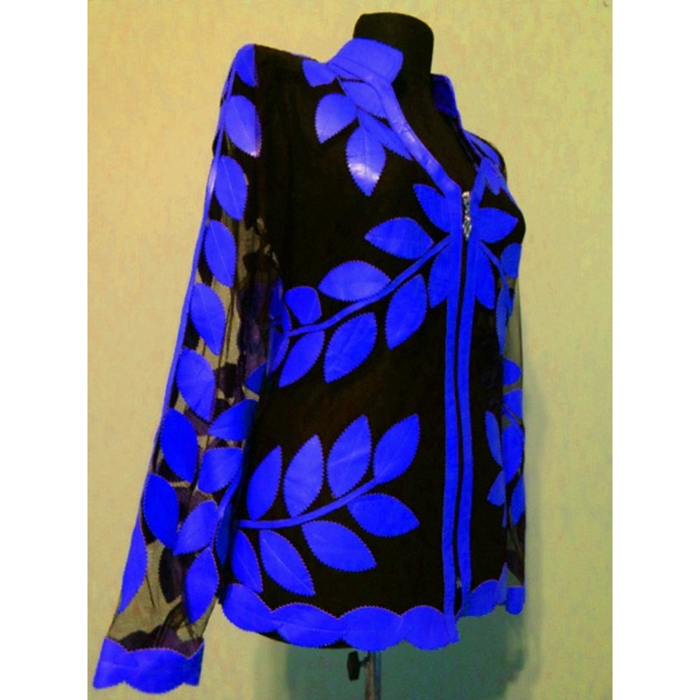 V Neck Blue Leather Leaf Women Jacket [Design 10]