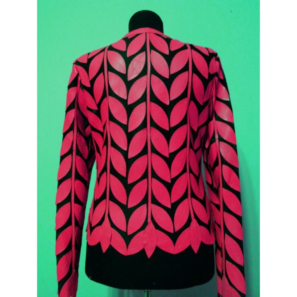 Round Neck Pink Leather Leaf Womens Jacket [Design 11]
