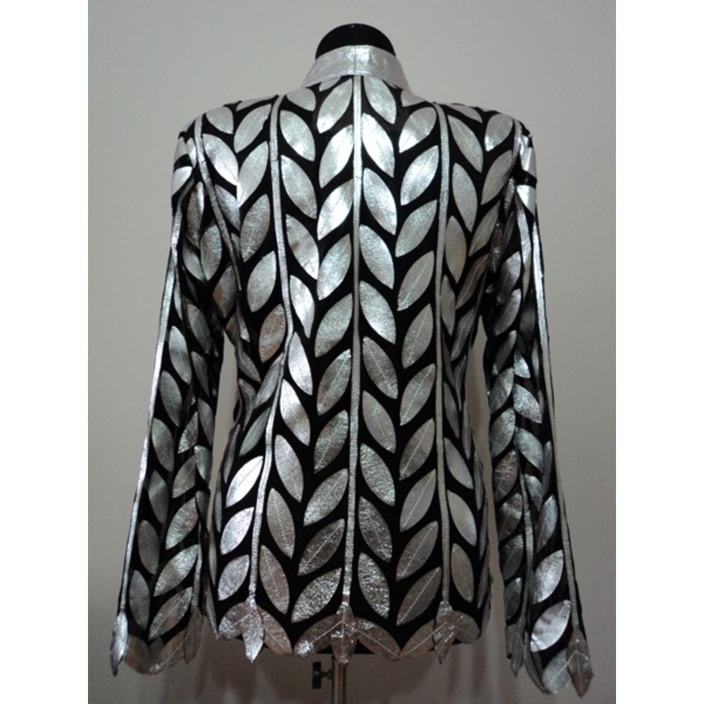 Plus Size Silver Gray Leather Leaf Woman Jacket [Design 04]
