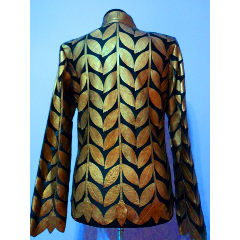 V Neck Gold Leather Womens Leaf Jacket [Design 08]