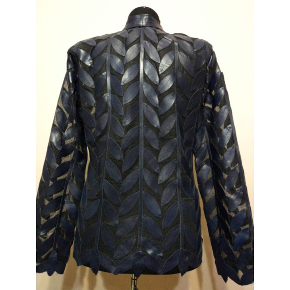 Plus Size Navy Blue Womens Leather Leaf Jacket [Design 04]