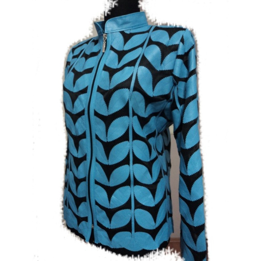 Light Ice Baby Blue Women Leather Leaf Jacket [Design 01]
