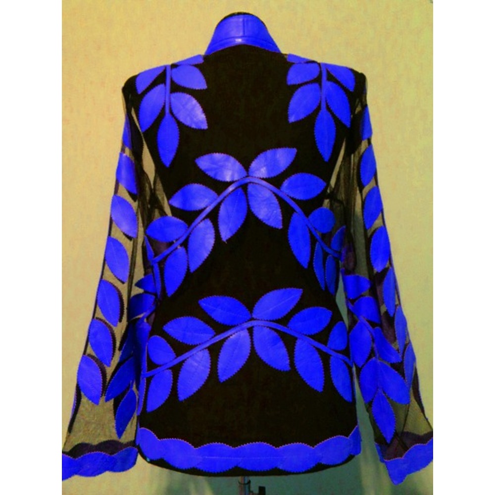 V Neck Blue Leather Leaf Women Jacket [Design 10]
