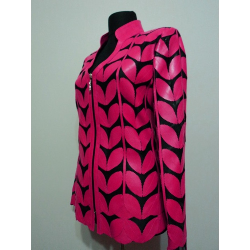 V Neck Pink Leather Leaf Woman Jacket [Design 09]