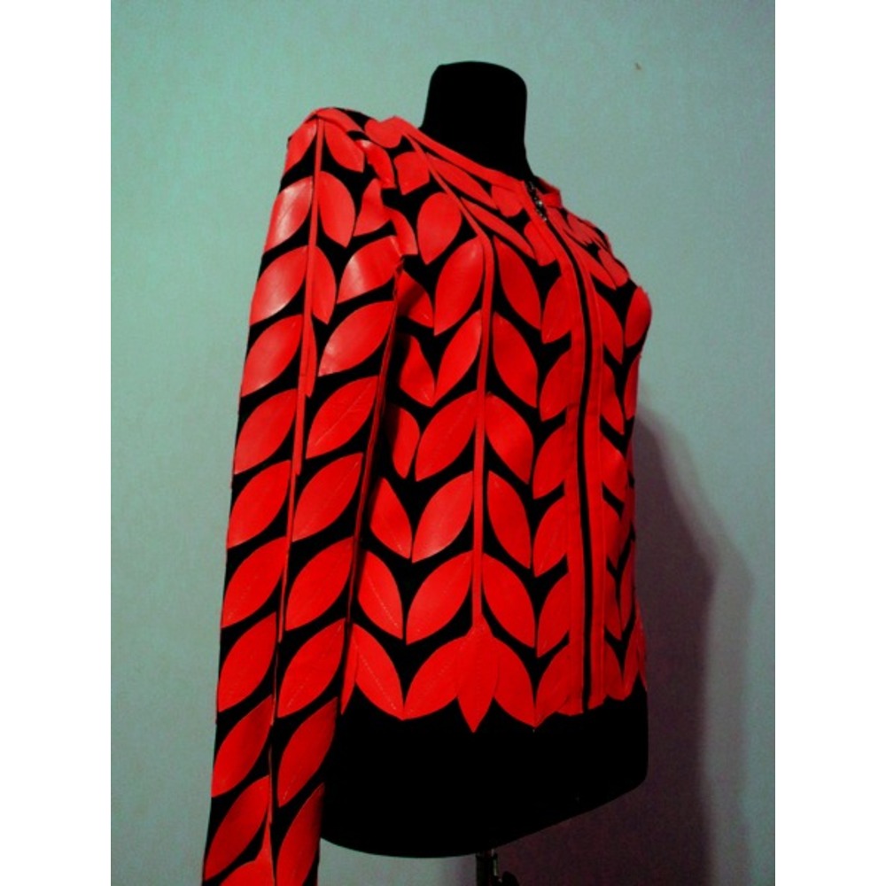 Round Neck Red Leather Leaf Womens Jacket [Design 11]