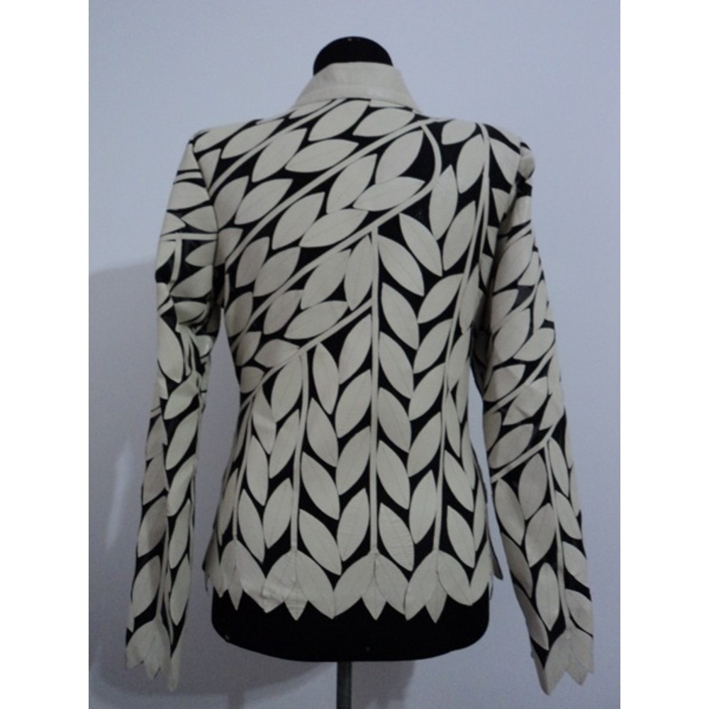 V Neck Beige Leather Leaf Womens Jacket [Design 12]