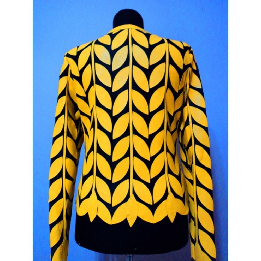 Round Neck Yellow Leather Leaf Womens Jacket [Design 11]