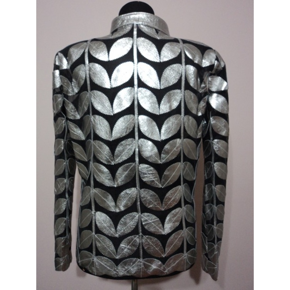 Plus Size Shiny Silver Gray Leather Woman Leaf Jacket [Design 01]