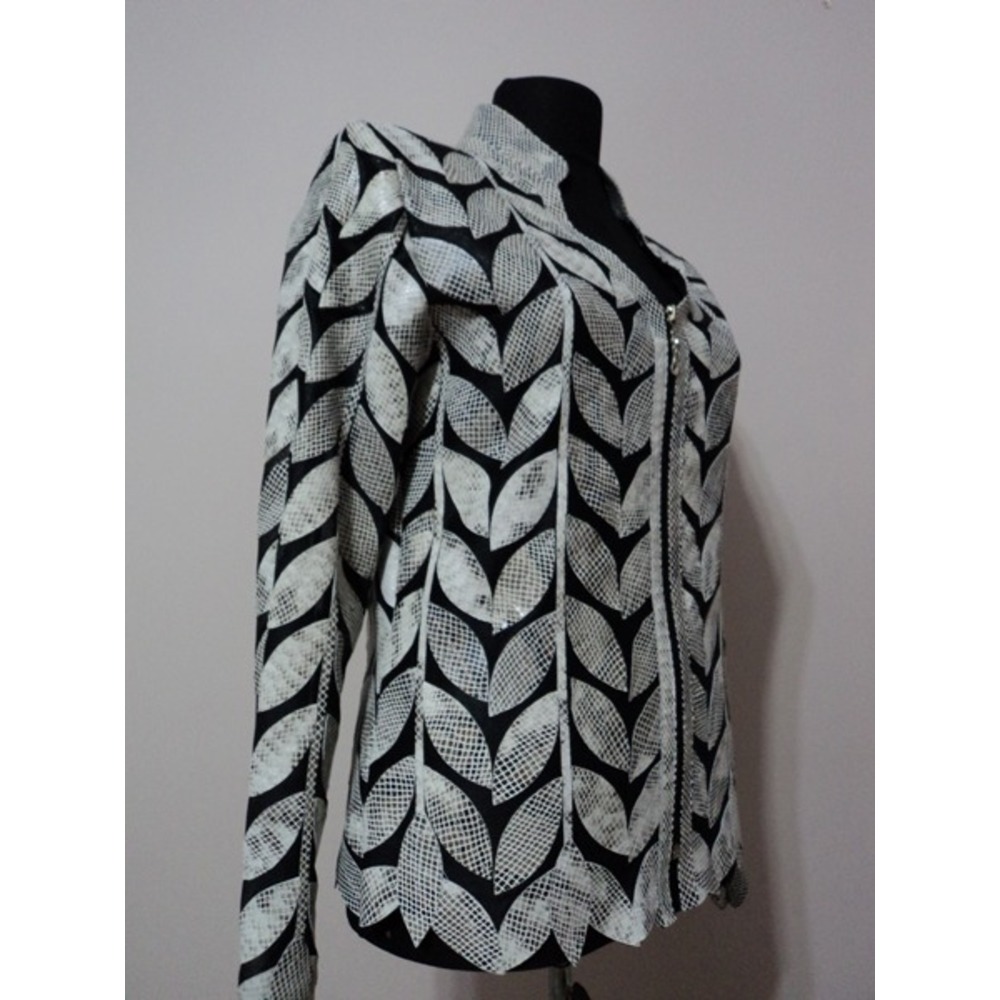 V Neck White Snake Pattern Leather Womens Leaf Jacket [Design 08]