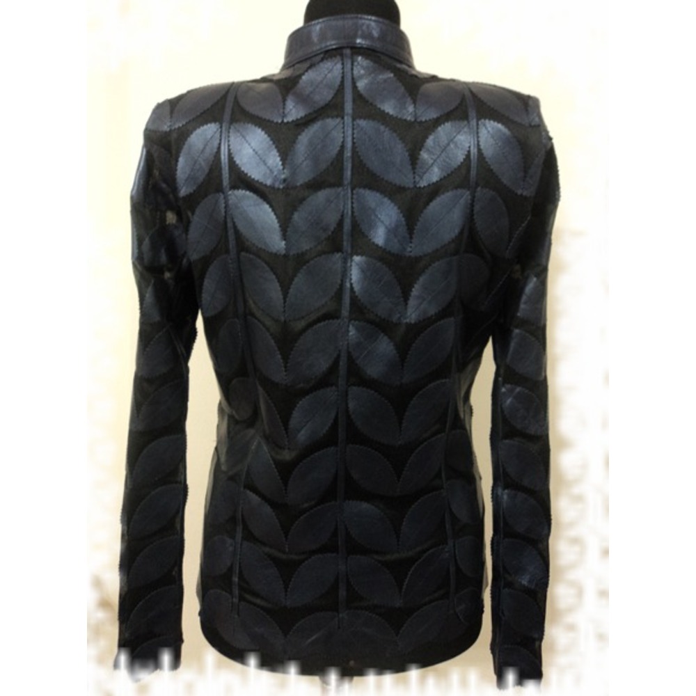 Plus Size Navy Blue Leather Leaf Jacket Women [Design 01]