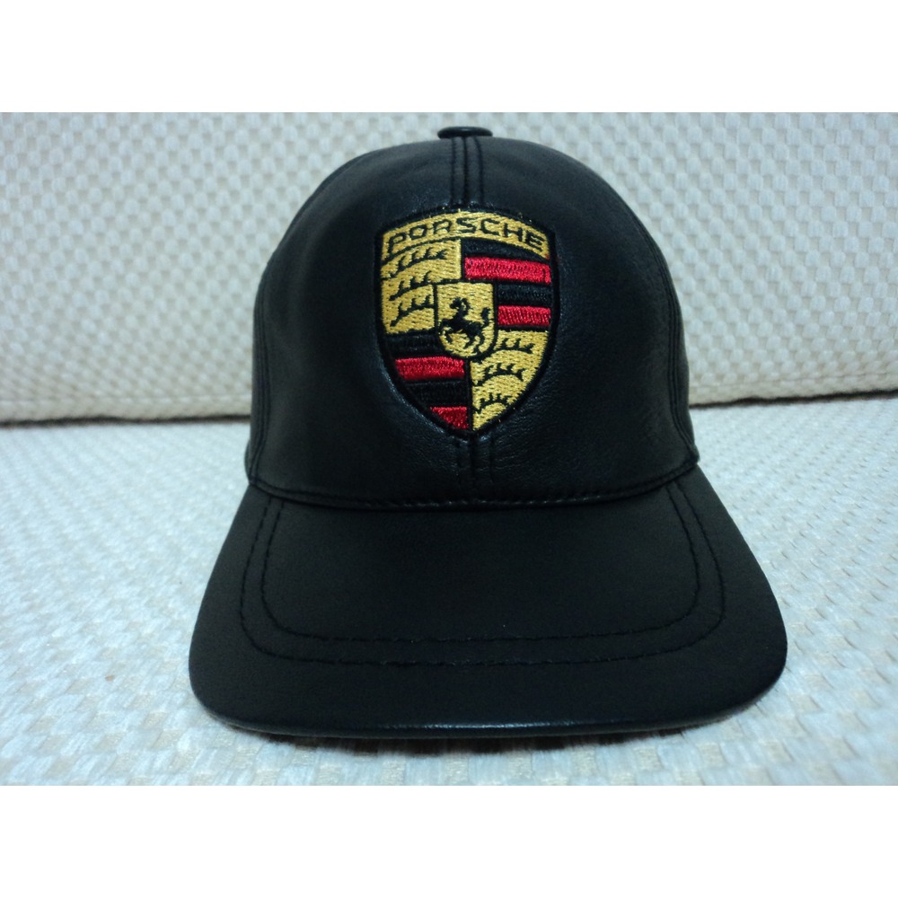 Porsche Patched Black Leather Hat Cap Adjustable Baseball with Embroidery Badge Logo Emblem 