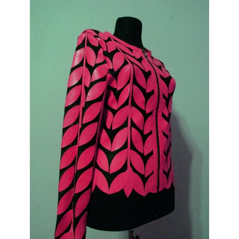 Round Neck Pink Leather Leaf Womens Jacket [Design 11]