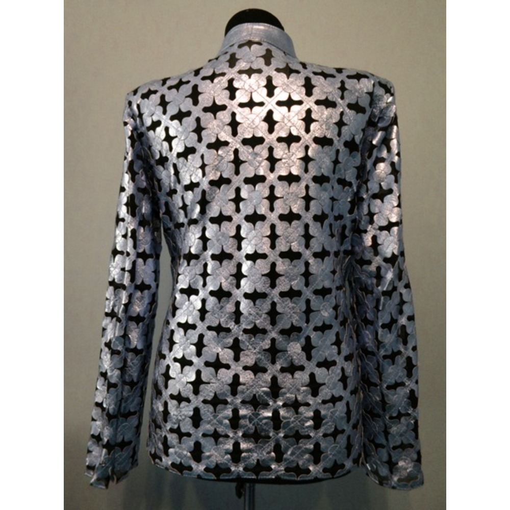 Plus Size Silver Gray Leather Leaf Jacket for Woman [Design 06]
