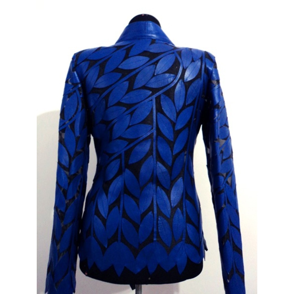 V Neck Blue Leather Leaf Womens Jacket [Design 12]
