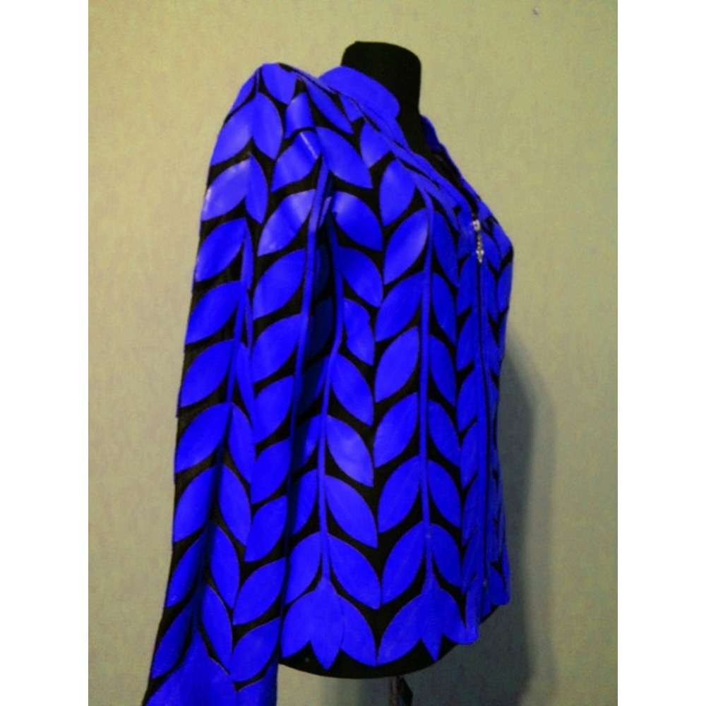 V Neck Blue Leather Womens Leaf Jacket [Design 08]