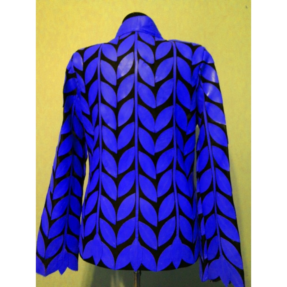 V Neck Blue Leather Womens Leaf Jacket [Design 08]