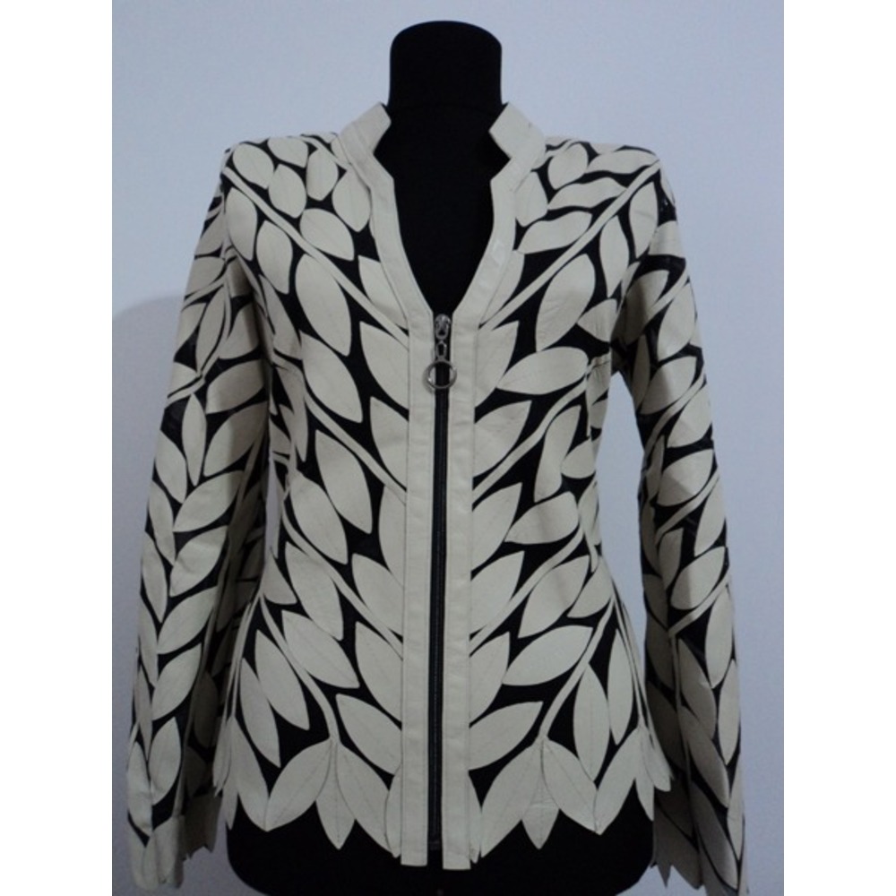 V Neck Beige Leather Leaf Womens Jacket [Design 12]