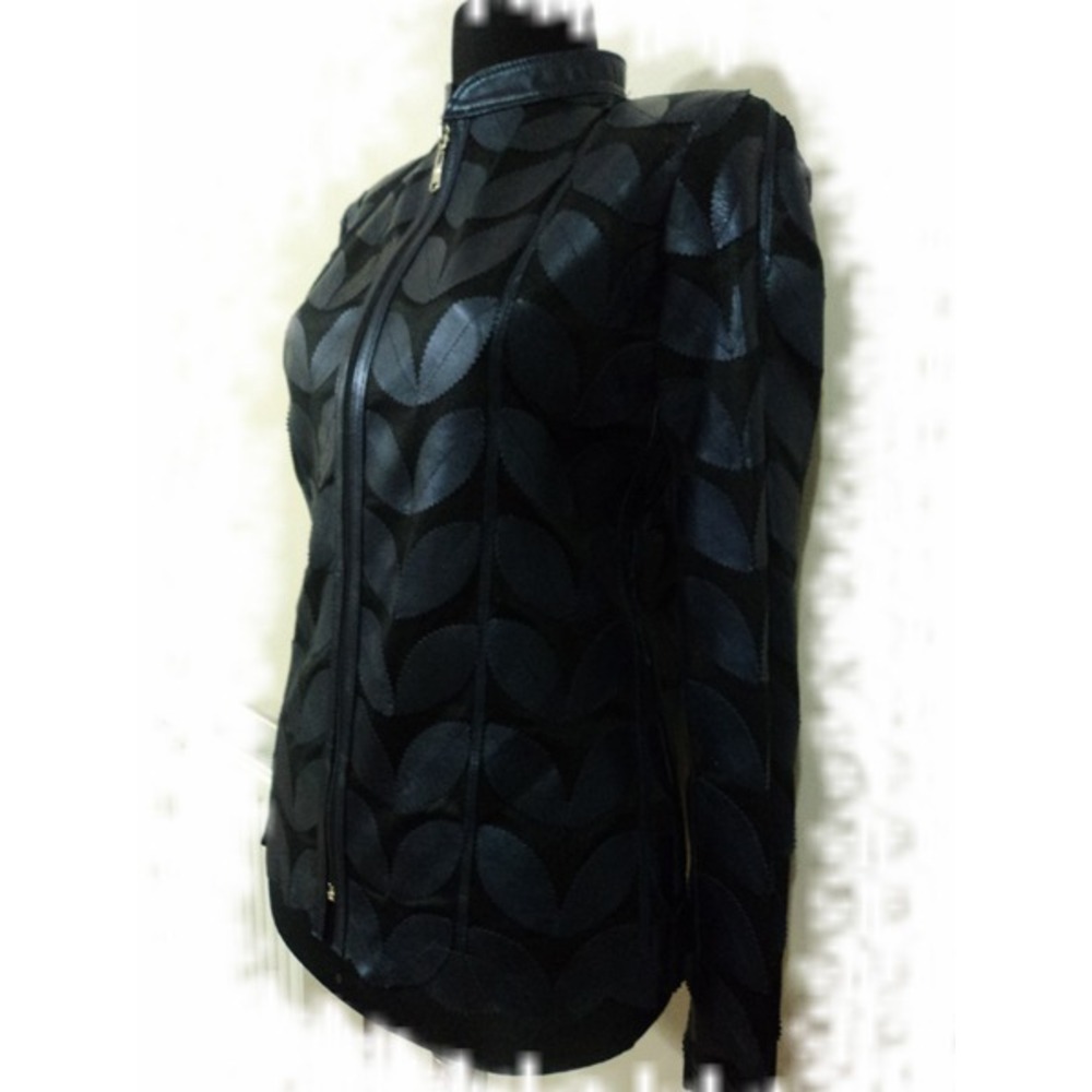 Plus Size Navy Blue Leather Leaf Jacket Women [Design 01]