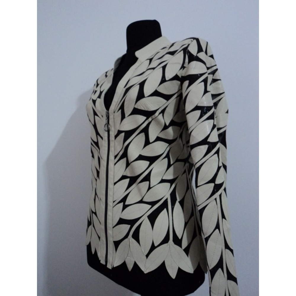 V Neck Beige Leather Leaf Womens Jacket [Design 12]