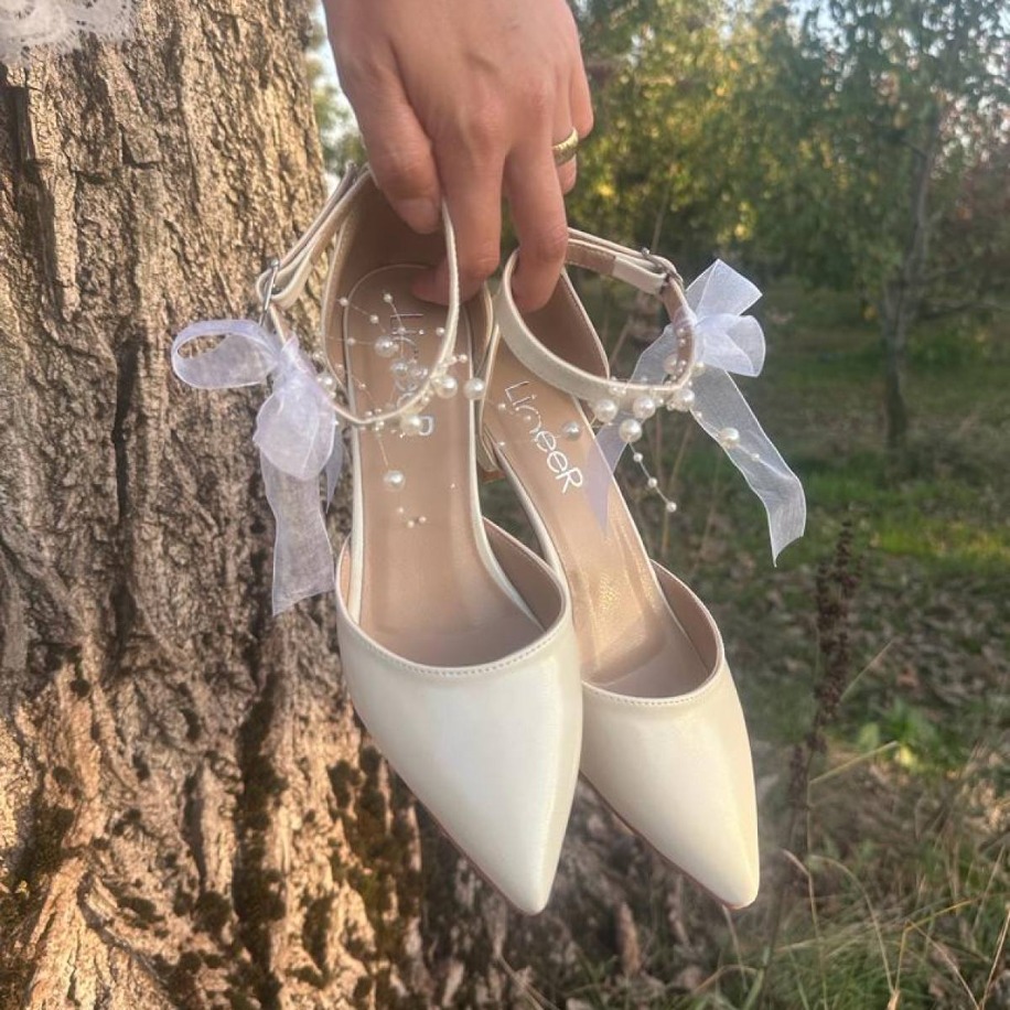 LİNEER Sedef Kırık Beyaz Rahat 5 Cm Kadeh Topuklu Incili Stiletto
