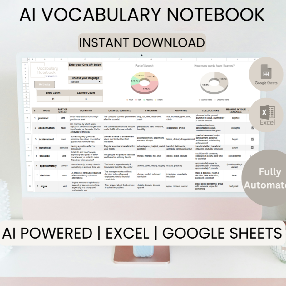 Yapay Zeka Kelime Defteri | Excel & Google Sheets