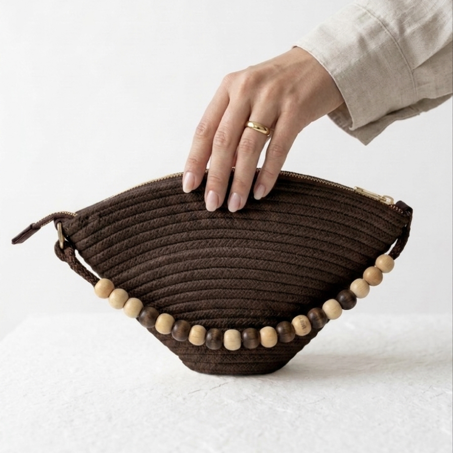 Boncuk Detaylı Acı Kahve Hasır Clutch Kadın Yazlık Çanta