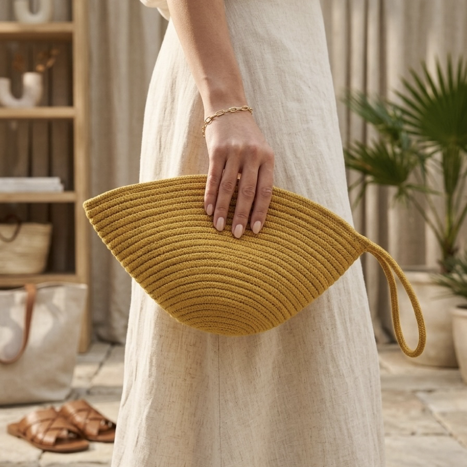 Handmade Hasır Clutch Çanta Sarı