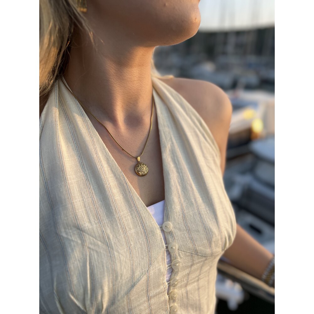 Çelik Gold Etnik Desen Göz Kolye