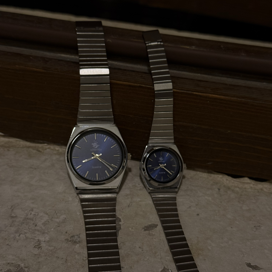 Silver&Blue Quartz Couple Watch – Unisex Paslanmaz Çelik Saat Seti