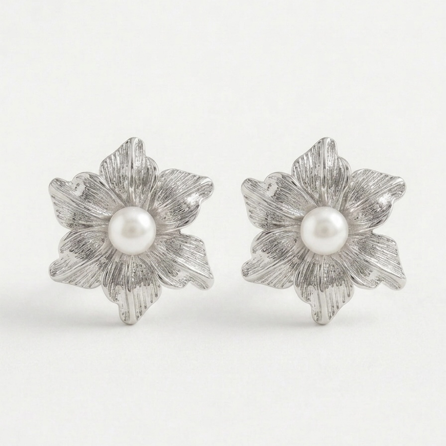 Çelik Silver Pearl Blossom Küpe