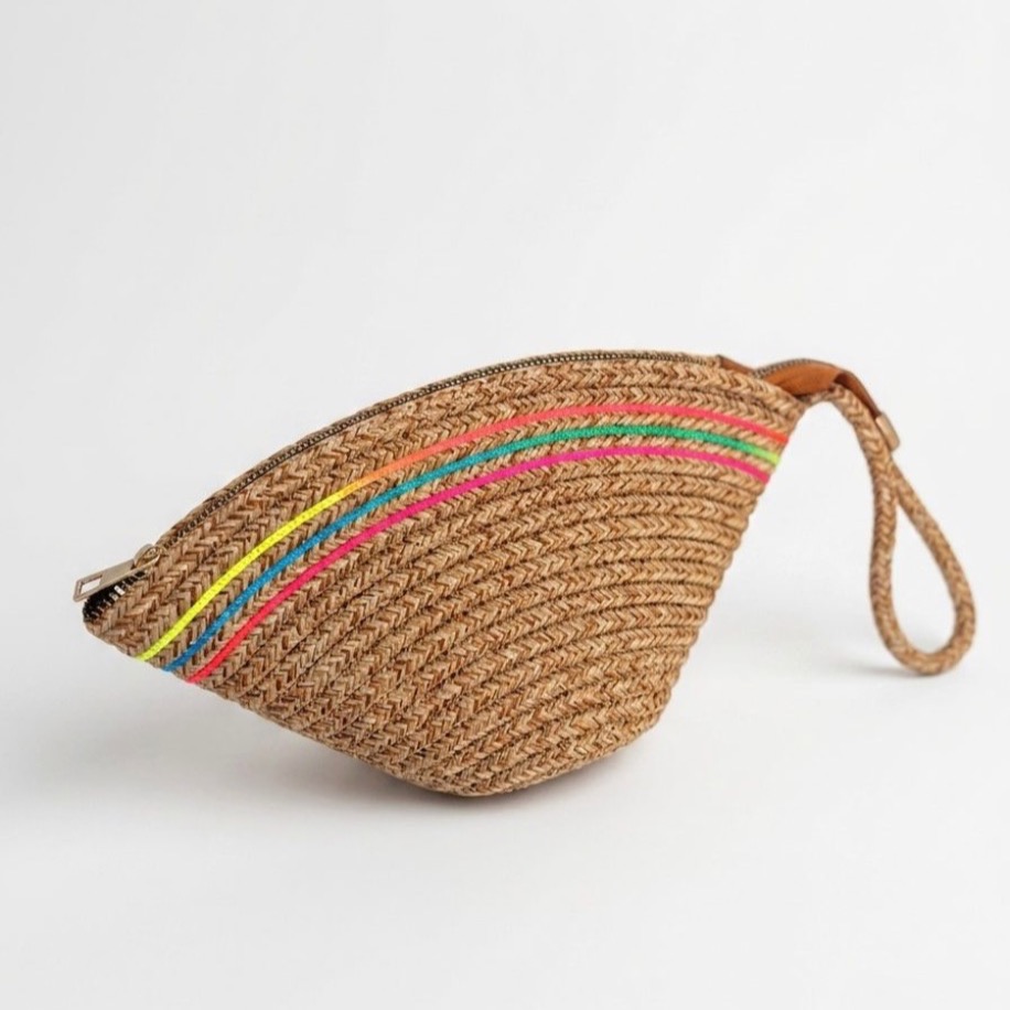 Handmade Renk Şerit Detaylı Hasır Clutch Çanta