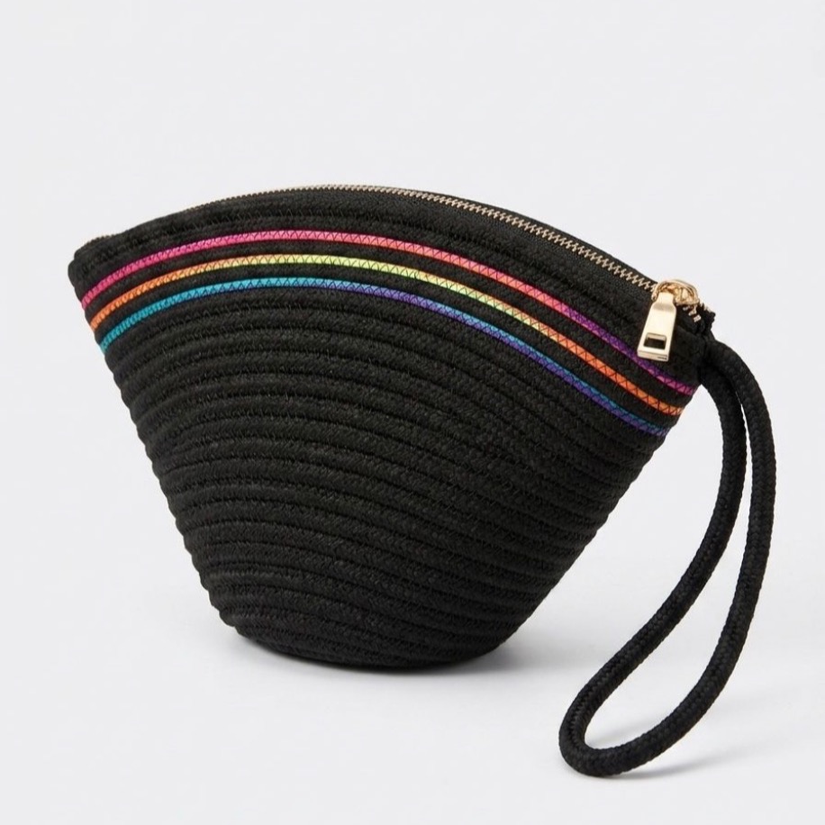Handmade Renk Şerit Detaylı Hasır Siyah Clutch Çanta