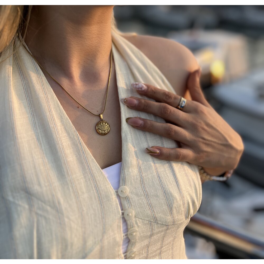 Çelik Gold Etnik Desen Göz Kolye