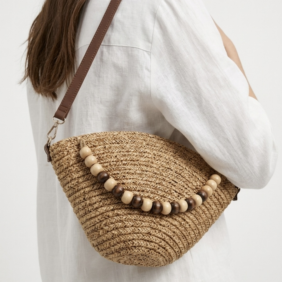 Boncuk Detaylı Hasır Clutch Kadın Yazlık Çanta