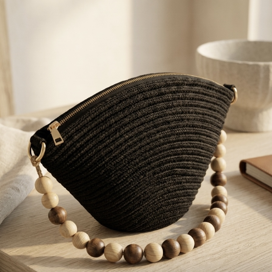Boncuk Detaylı Siyah Hasır Clutch Kadın Yazlık Çanta
