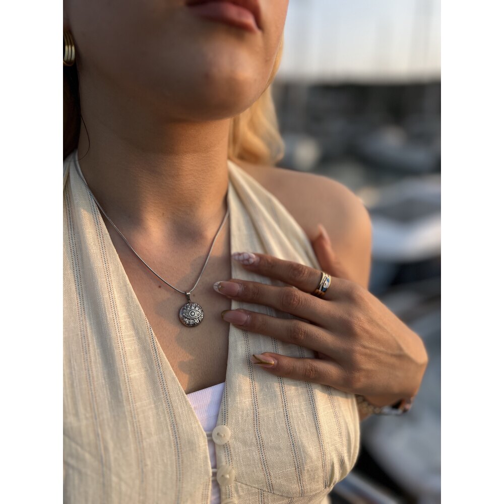 Çelik Silver Etnik Desen Göz Kolye