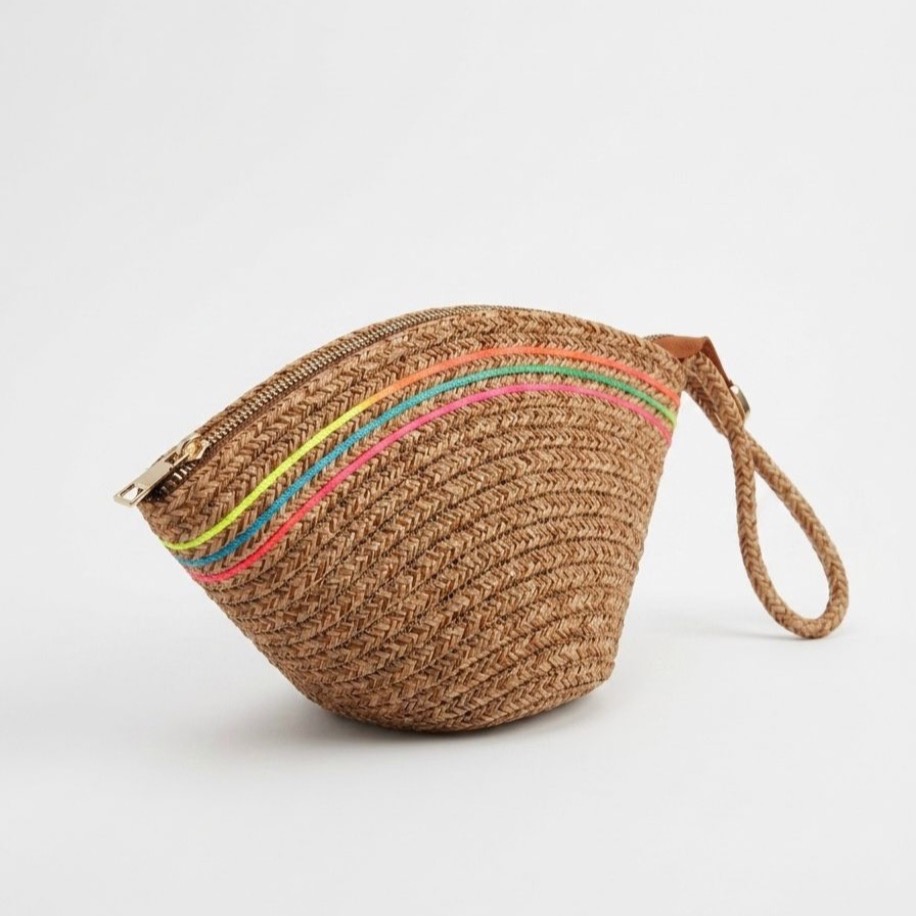 Handmade Renk Şerit Detaylı Hasır Clutch Çanta